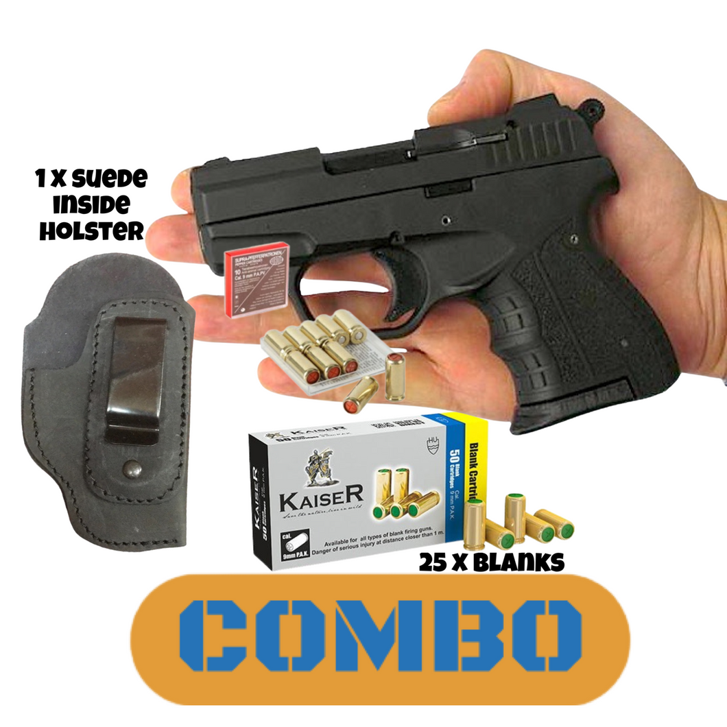 ZORAKI Mini Chrome 9mm Blank pepper pistol + 25 blanks + Suede holster